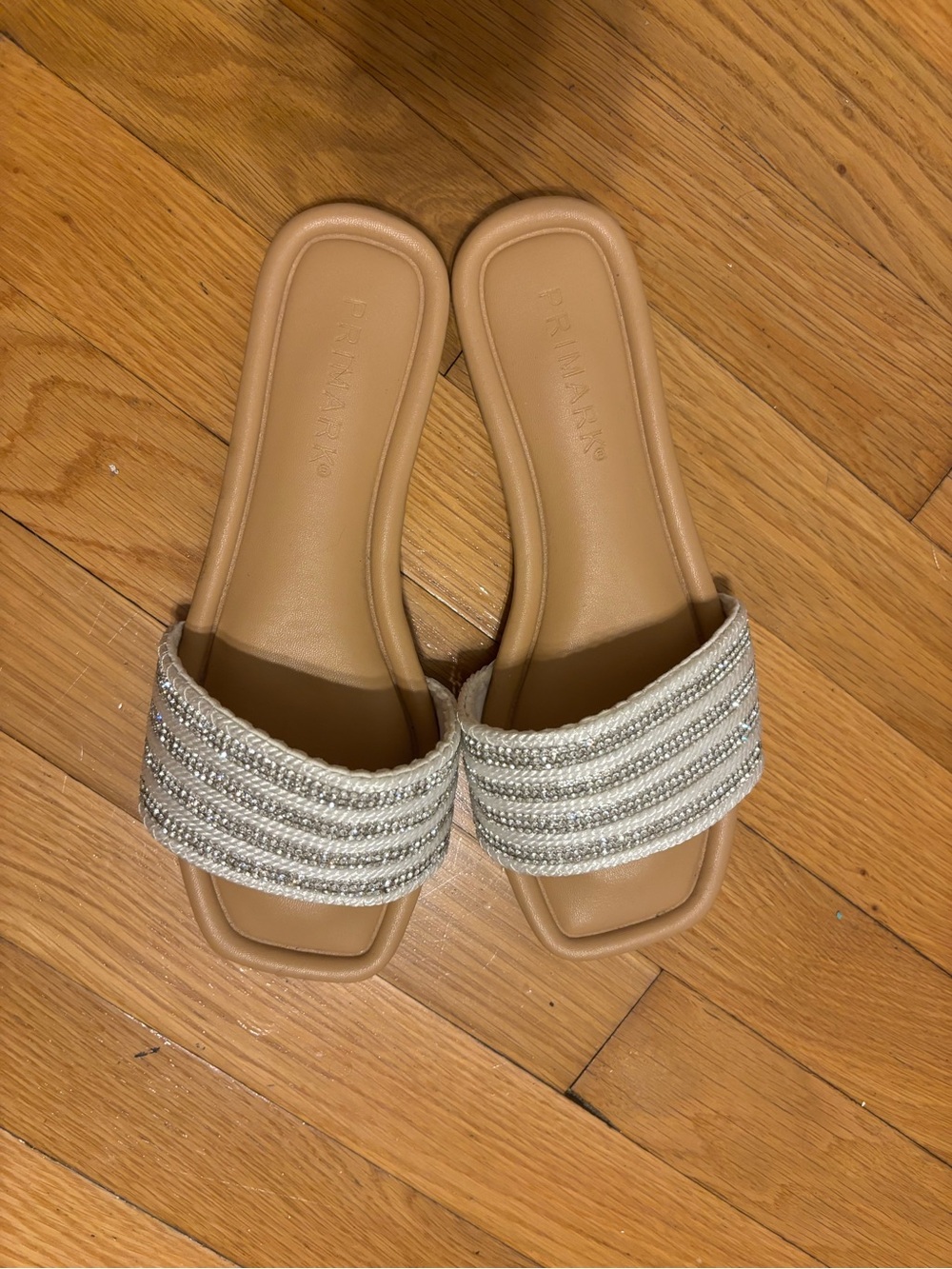 Primark Tan Slide Sandals with Silver Beaded Strap